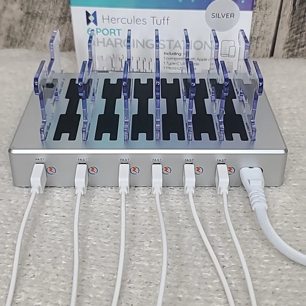 Hercules Tuff Charging Station for Multiple Devices, with 6 USB Ports Silver NWT